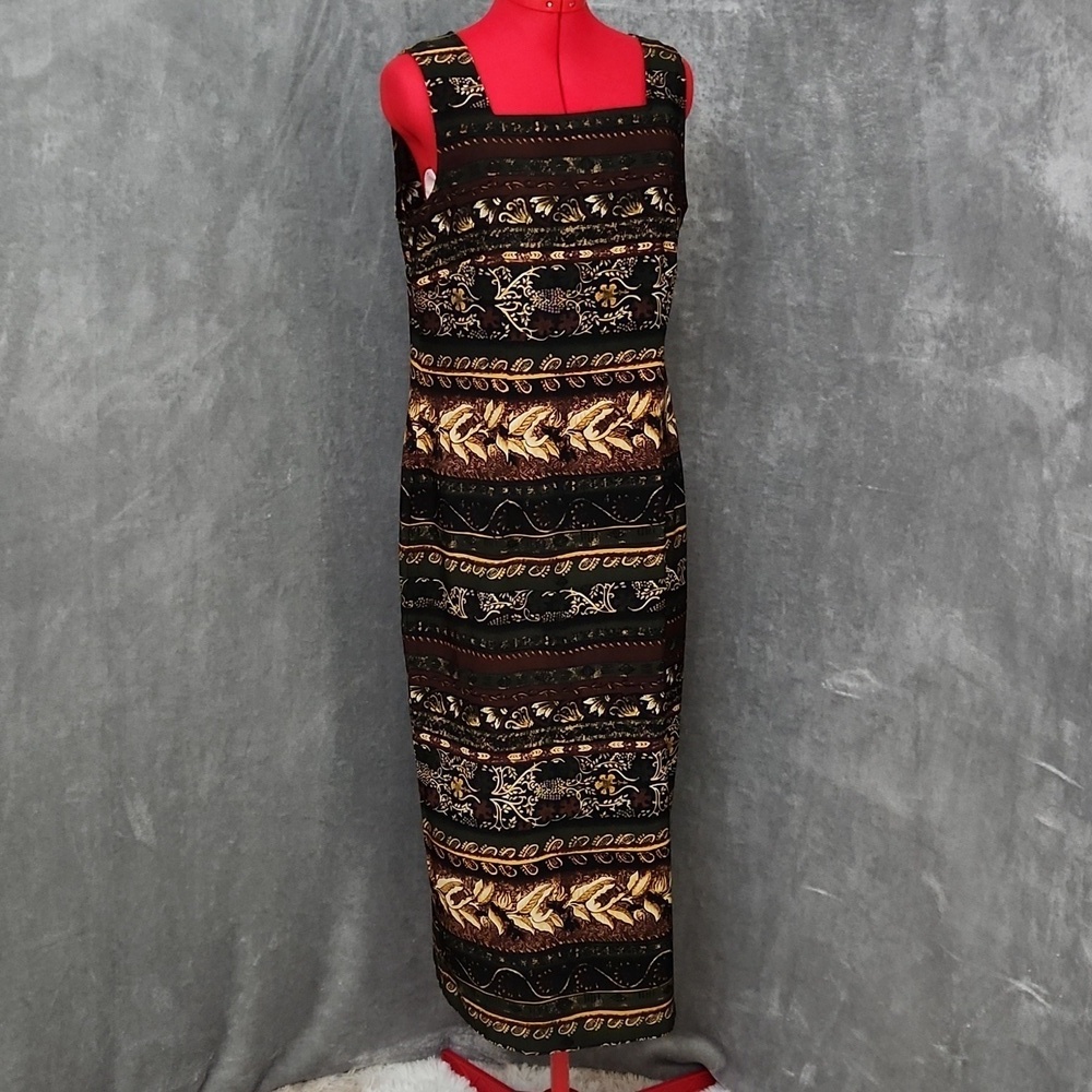 Sag Harbor Sleeveless Maxi Dress Women’s Size 12 Green Brown Boho Tribal Print S